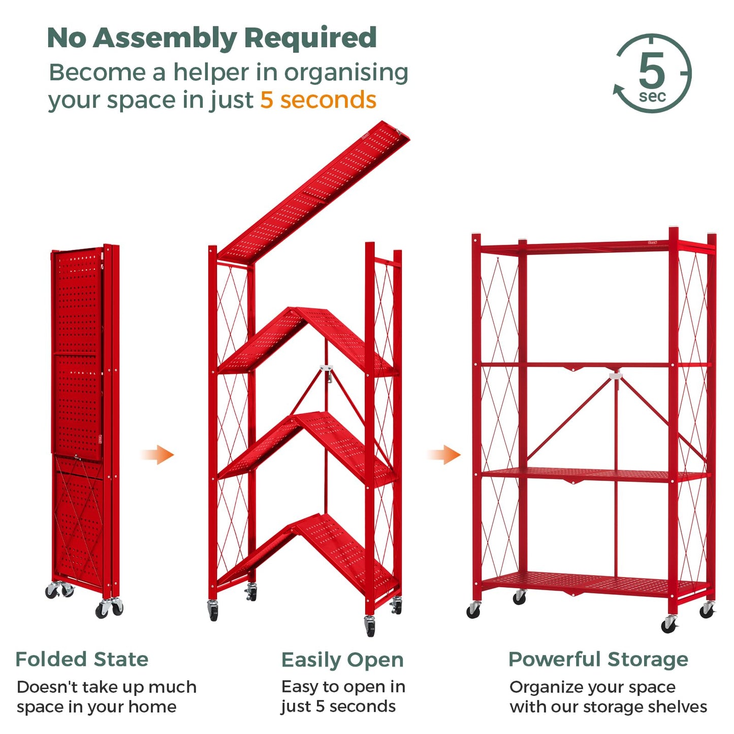 DEANIC 4 Tier Foldable Storage Shelves with Wheels, Large Capacity Shelving Unit, Freestanding Metal Wire Shelf Rack, No Assembly Organizer Rack for Garage Kitchen, Basement, Pantry(Red Pack of 2)