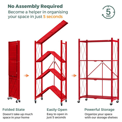 DEANIC 4 Tier Foldable Storage Shelves with Wheels, Large Capacity Shelving Unit, Freestanding Metal Wire Shelf Rack, No Assembly Organizer Rack for Garage Kitchen, Basement, Pantry(Red Pack of 2)