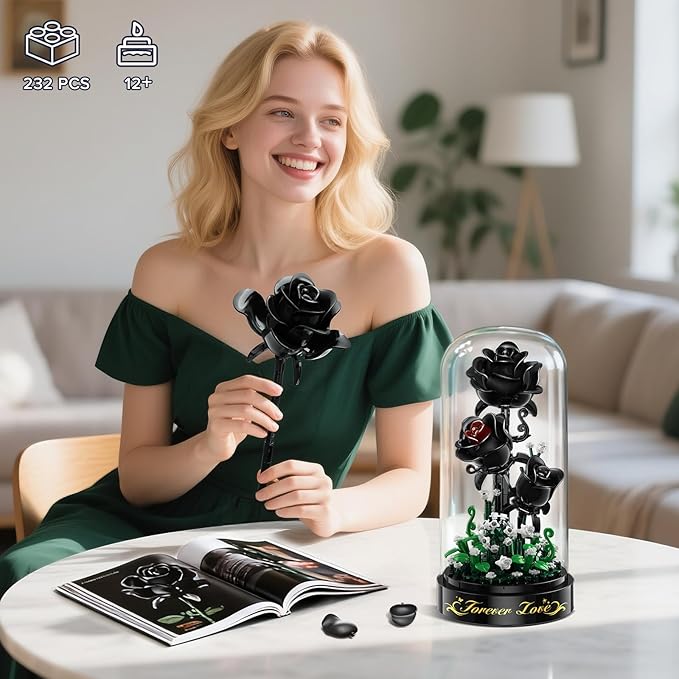 Flower Building Set with LED Light - 232 PCS Black Rose Building Blocks Kit with Dust Cover Easter Day Gift for Her Grilfriend Wife 3.6MM Flower Botanical Collection Block Toy Home Decor