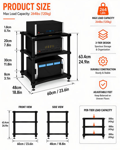 RAJYQODIS Heavy Duty Audio Component Rack, Large Storage Space AV Media Stand with Shock-Absorbing Foot pegs, Audio Rack Tower CD Player Stand for Home/Office/Audio Video/Theate (Teak, 3rd)