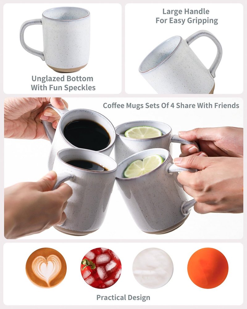 HASENSE Ceramic Coffee Mugs Set of 4, 14 oz Stoneware Coffee Cups with Handle and Speckle for Latte, Cappuccino, Cocoa, Tea and Milk, Microwave and Dishwasher Safe Cups for Men Women, Bluish White