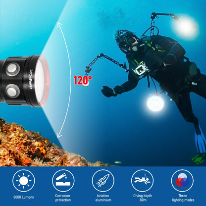 LetonPower B15 Dive Light Underwater Flashlight 8000Lumens Underwater Video Lights 80m Scuba Dive Light Diving Flashlight for Under Water Sports,Underwater Video Shooting and Photography