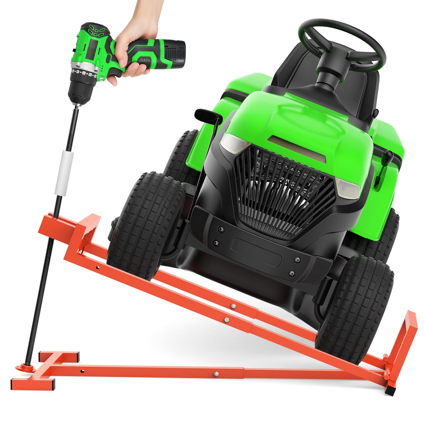 1400LB Lawn Tractor Lift Jack & Riding Mower Lift with Rotating Sleeve & Manual and Power Tool Handle, 3-Min Quick Setup, Anti-Slip Base, Heavy-Duty Universal Design for Lawn Mowers (Alloy Steel)
