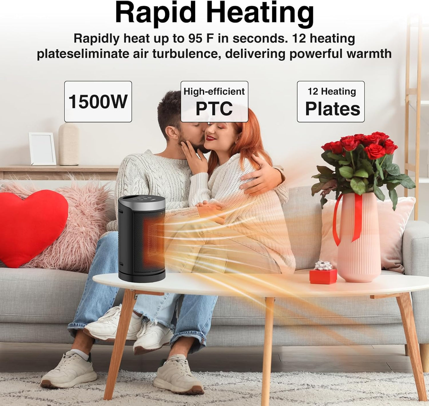 WINHL Portable Electric Space Heater - 1500W PTC Ceramic with Thermostat & Remote | 70° Oscillation, 12H Timer, 5 Modes