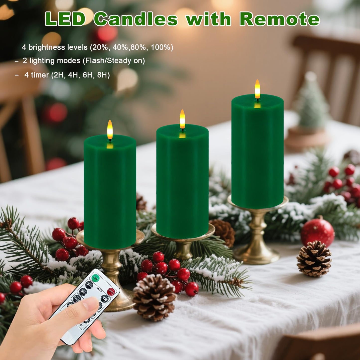 Green Flameless Candles, Set of 2 7"x3" Flickering LED Candles with Remote & Timer, Dimmable Electric Pillar Candles Battery Operated, Candles Light for Home St. Patrick's Christmas Decor (Green)