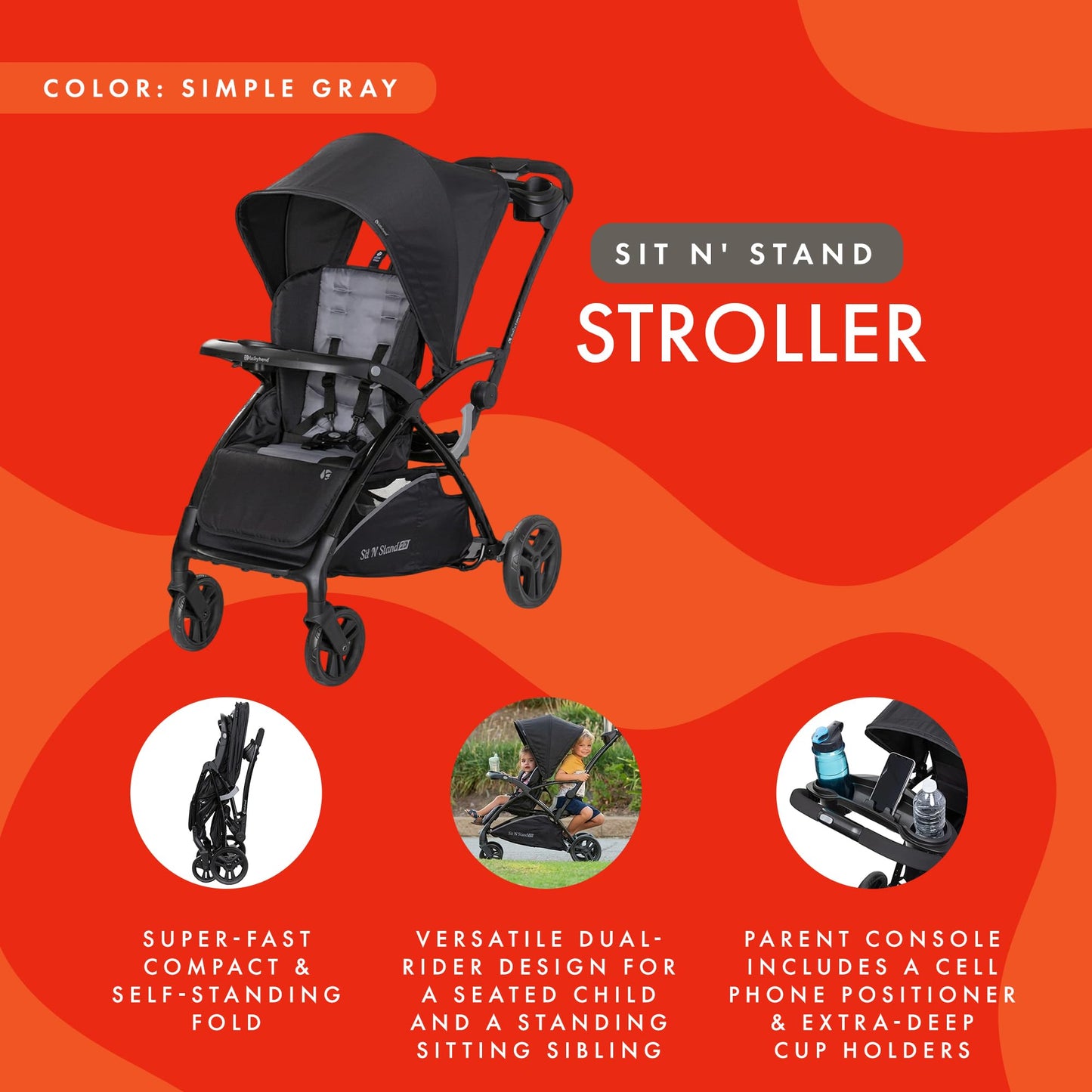 Baby Trend Sit N' Stand 2.0, 5-in-1 Collapsible Sit and Stand Double Stroller with Bench and Standing Board, Compact Fold, Parent Console, Simple Grey