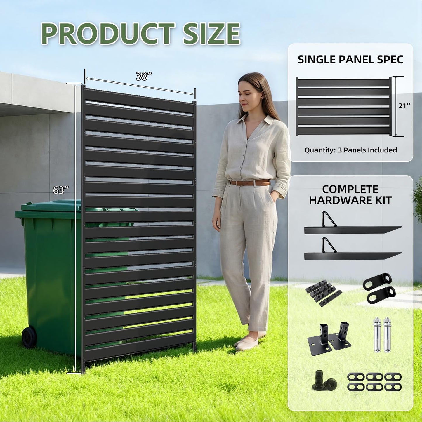 63" H×38" W（1 Panels） No Dig Metal Privacy Fence Panels for Air Conditioner Units, Can Also Hide The Pool Equipment, Black Outdoor Rustproof Trash Cans Privacy Screen