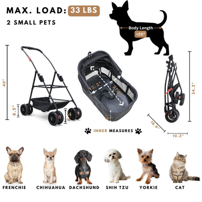 Bicystar Pet Stroller for Small Dogs Cats with Wheels, Detachable Carrier, Max Load 33 lbs, Easy Folding, Compact Portable, Dog Carriage Cart Car Seat 3 in 1