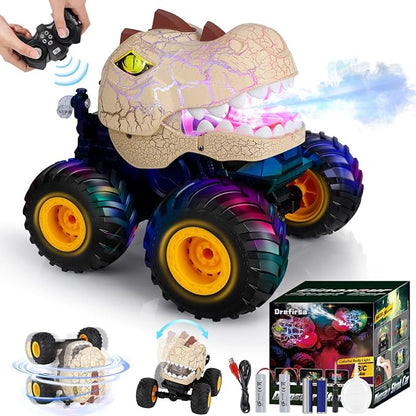 Dinosaur Remote Control Car for Kids Ages 3-5 6-12 Remote Control Monster Truck with Spray Light 360° Rolling&amp90° Driving All Terrain Dinosaur Toy for Boys Birthday Gift
