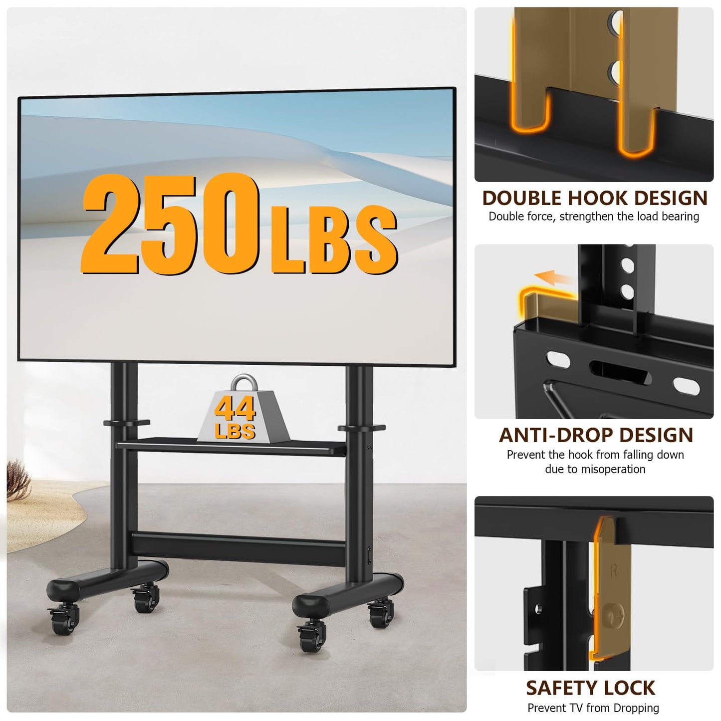 Mobile TV Cart Rolling TV Stand with Wheels for 55-120 Inch LCD LED Flat Curved Screens up to 250 lbs, Max VESA800x600 mm Heavy Duty Portable Floor TV Stand Large Base Trolley Height Adjustable