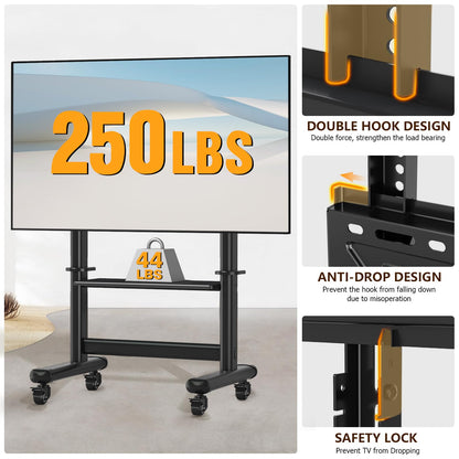 Mobile TV Cart Rolling TV Stand with Wheels for 55-120 Inch LCD LED Flat Curved Screens up to 250 lbs, Max VESA800x600 mm Heavy Duty Portable Floor TV Stand Large Base Trolley Height Adjustable