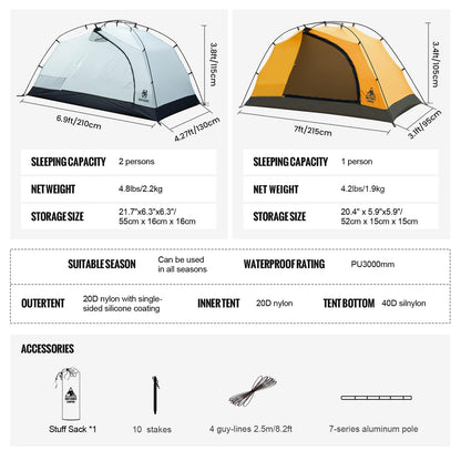 OneTigris Stella 4 Season Camping Tent Backpacking 2 Person Waterproof Lightweight Easy Setup Instant 3000mm Waterproof Rating Outdoor Hiking Tent, Black