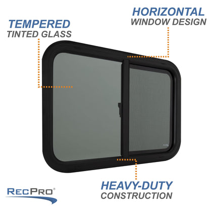 RecPro RV Window - Teardrop Style Horizontal Sliding Replacement - 30inW x 20inH - Black - Model RP-WIN - Made in USA