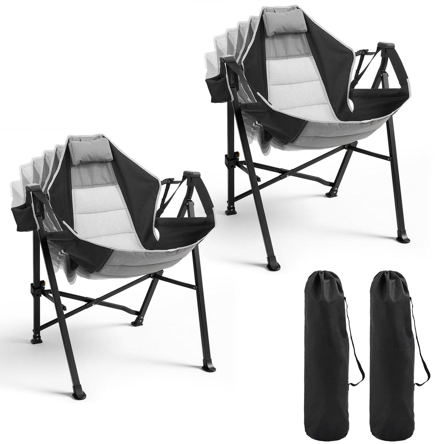 Hammock Camping Chair Set of 2 with Adjustable Backrest, 400lbs Heavy Duty Portable Swing Chair Outdoor with Headrest and Cup Holder, Foldable Camping Chair for Camping, Travelling, Patio, Lawn, Black