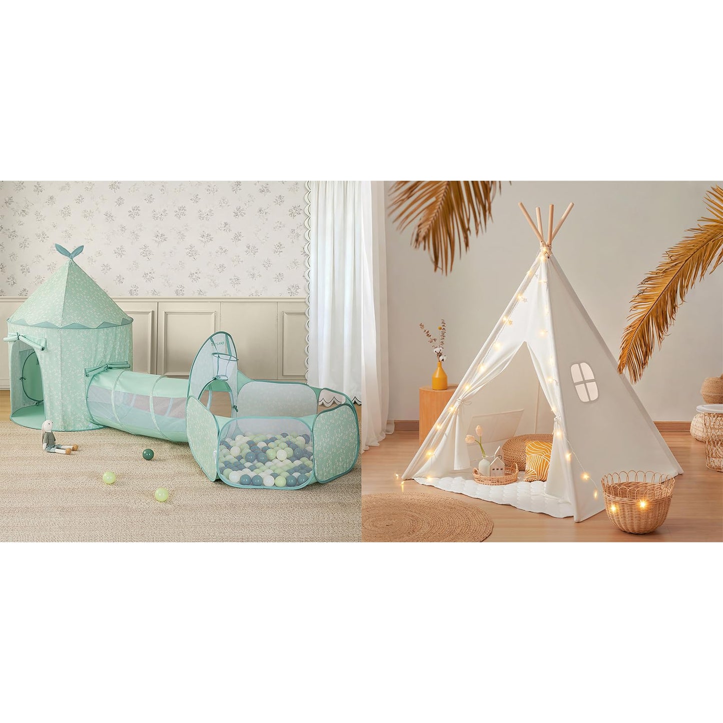 Tiny Land Teepee Tent for Kids – 100% Cotton Play Tent with Padded Mat & Star Lights, 3-in-1 Kids Play Tunnel with Ball Pit & Tent, Pop Up Crawl Tunnel for Toddlers