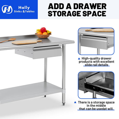 Hally Stainless Steel Prep Table 24 x 60 Inch with Backsplash, NSF Certified Commercial Work Table with Drawer, Removable Stainless Steel Pan, Undershelf and Side Hook for Restaurant, Home, Garage