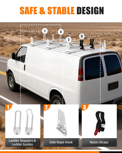 MELIPRON 850 lbs Van Roof Ladder Rack Fit for Chevy Express 1500 2500 3500, for 1996–2025 Cargo Vans with Rain Gutters, No Drill, Heavy Duty for Commercial Use