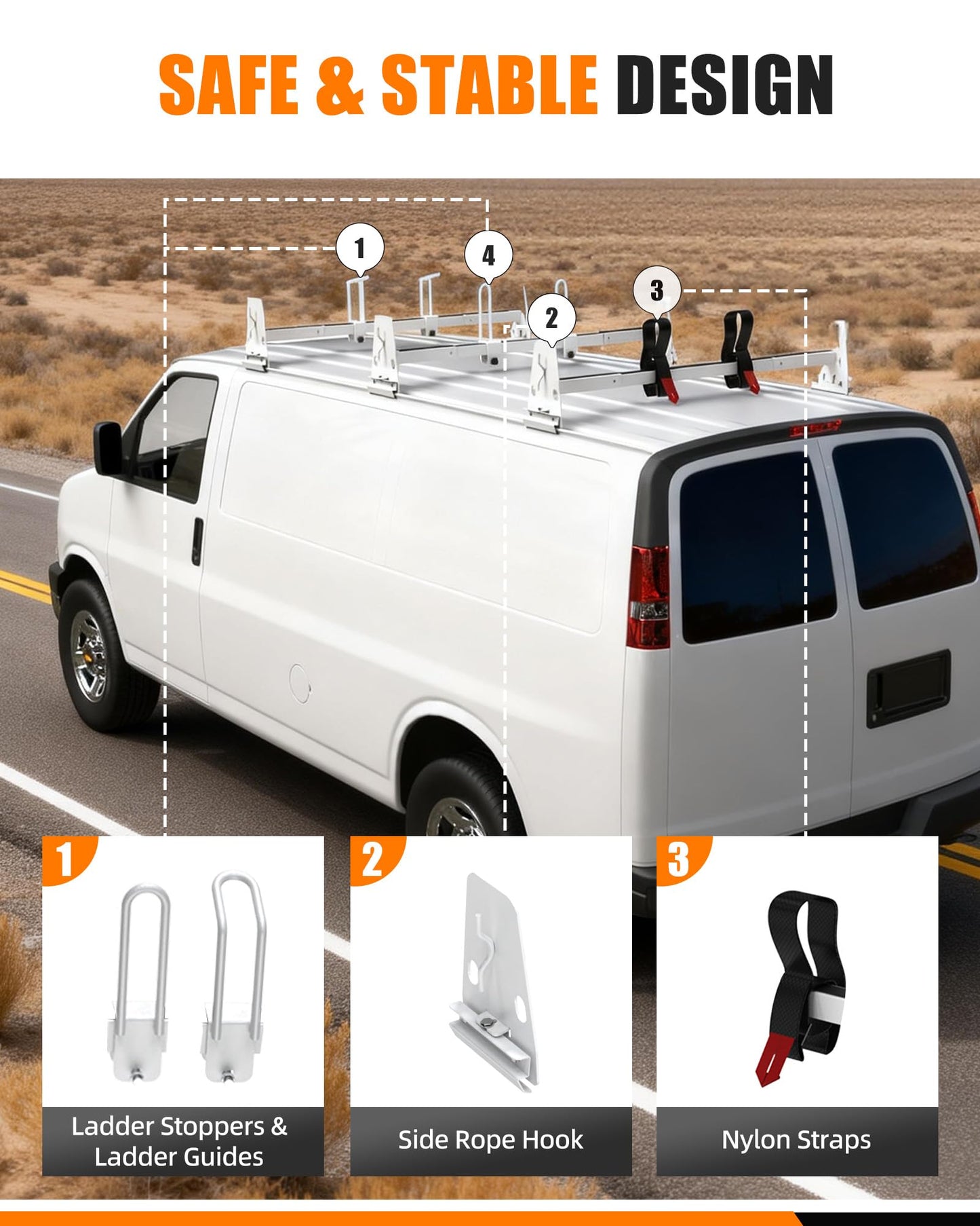 MELIPRON 850 lbs Van Roof Ladder Rack Fit for Chevy Express 1500 2500 3500, for 1996–2025 Cargo Vans with Rain Gutters, No Drill, Heavy Duty for Commercial Use