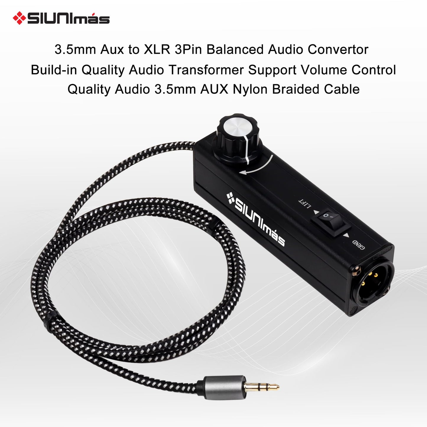 SIUNIMAS Pro 01A AUX to XLR 3Pin Noise Isolation Direct Box with Volume Controller and Grounding Switch Build-in Nylon Braided Cord Length 3.5ft Quality Durable 3.5mm AUX Plug (Pro 01A AUX-XLR)