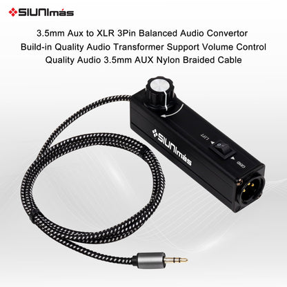 SIUNIMAS Pro 01A AUX to XLR 3Pin Noise Isolation Direct Box with Volume Controller and Grounding Switch Build-in Nylon Braided Cord Length 3.5ft Quality Durable 3.5mm AUX Plug (Pro 01A AUX-XLR)