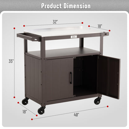 Feasto Outdoor Grill Cart with Stainless Steel Tabletop and Storage Cabinet, Movable Kitchen Island with Wheels for BBQ Food Prep, Brown