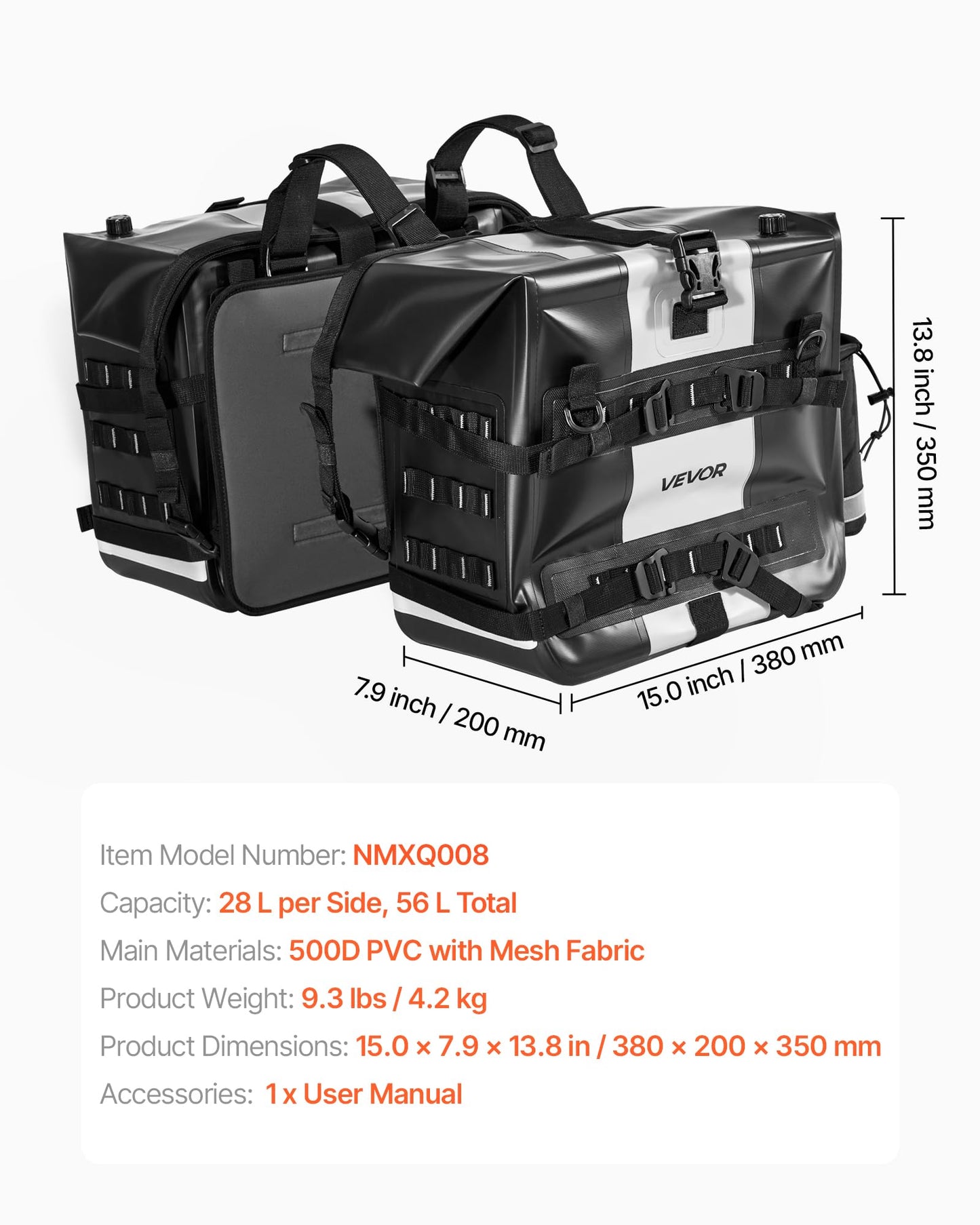 VEVOR Motorcycle Saddle Bags, 56L(28L*2) Waterproof Motorcycle Luggage Saddlebags Set of 2 with Detachable Shoulder Strap, Heavy-Duty Shoulder Bag Fit for Most Outdoor Adventure Sports Motorbike