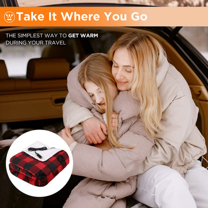 Westinghouse Heated Car Blanket, 12-Volt Electric Blanket for Car, Truck, SUV, RV, Portable Heated Throw for Camping, Grey Buffalo Plaid, 59" x 43”