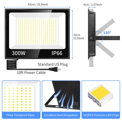 ISUERFY 300W LED Flood Light Outdoor with Plug, 36000LM Ultra Brighter Security Light, IP66 Waterproof Exterior Plug in Floodlight, 5000K Daylight White for Lawn Yard Garden Stadium(2 Pack)