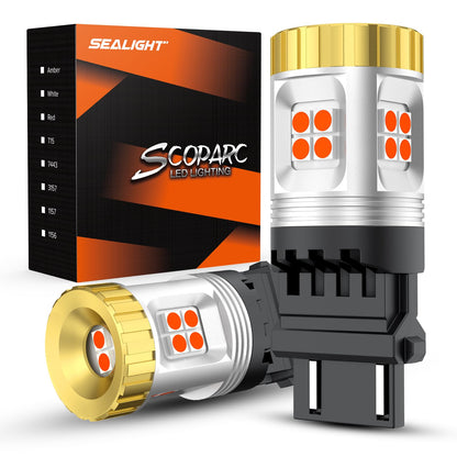 SEALIGHT 3157 LED Bulb Red, 1200% Brightness for Brake Lights, Aluminum, Model J7, Size 3156/3157, 2PCS