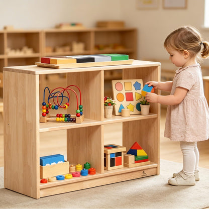 KRAND 4-Cubby Montessori Storage Bookcase – Kids Shelf Organizer for Toys, Books & Art Supplies, Toddler Cabinet Furniture for Playroom, Daycare, Preschool, Kindergarten & Nursery