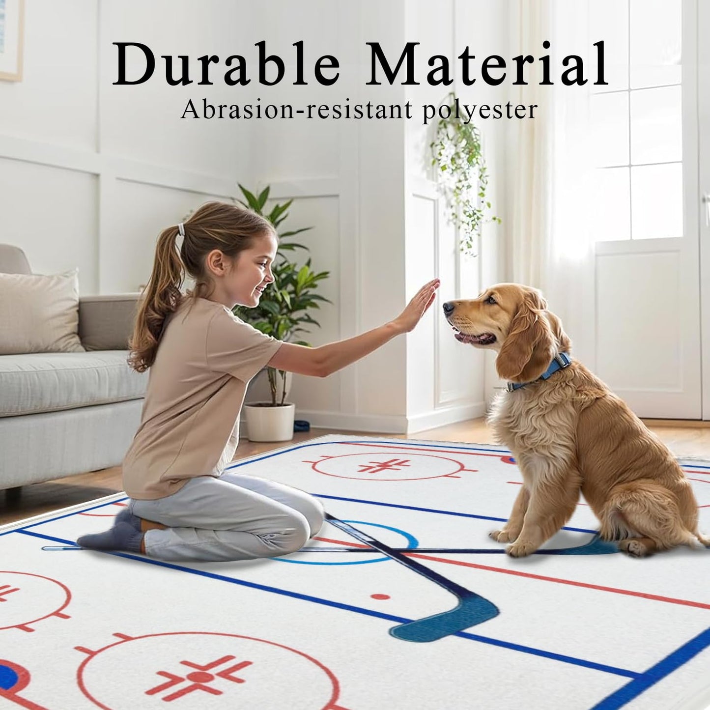 Hockey Rug 9x12 Washable Low Pile Non Slip Sports Rug for Boys Bedroom Decor, Hockey Room Area Rug Man Cave Carpet Mat