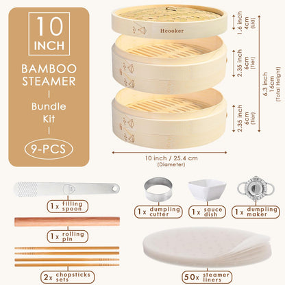 Hcooker Bamboo Steamer Basket Set, 8-Inch 2-Tier Steamer for Cooking, Chopsticks Liners Sauce Dish Dumpling Making Tools, Steaming Asian Food, Bao Buns, Meat, Dim Sum, Rice, Vegetable Steam Pot