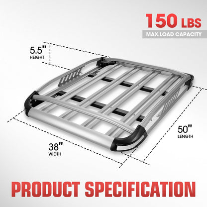 DNA MOTORING Roof Cargo Rack Basket L 50" x W 38" x H 5.5" Extendable Universal 150lb Heavy Duty Rooftop Luggage Carrier for Truck Cars SUV, Silver, RRC-31-AL