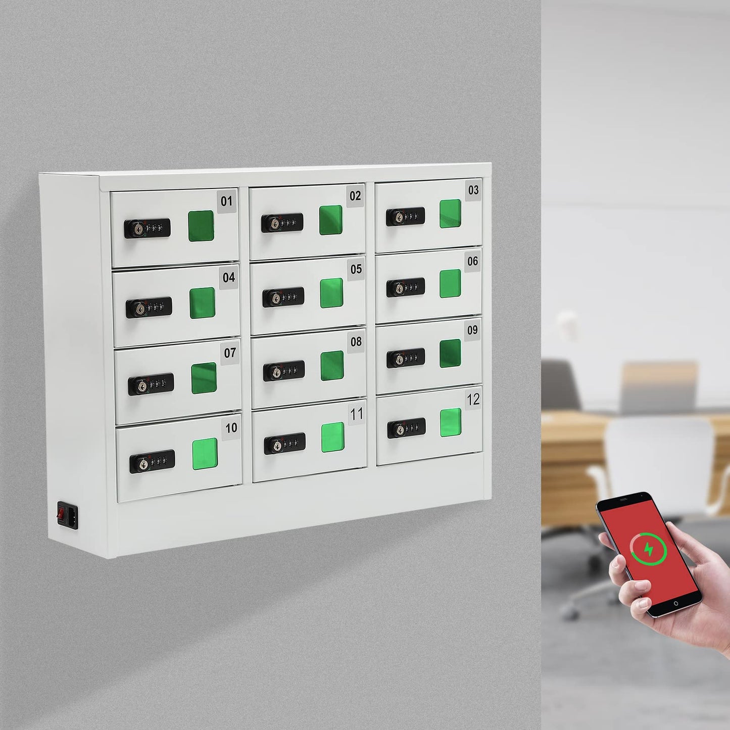 12-Slot Cell Phone Charging Cabinet with 3 in 1 Cable, QC3.0 Fast Charging & Combination Lock -Must-Have for Office & Classroom