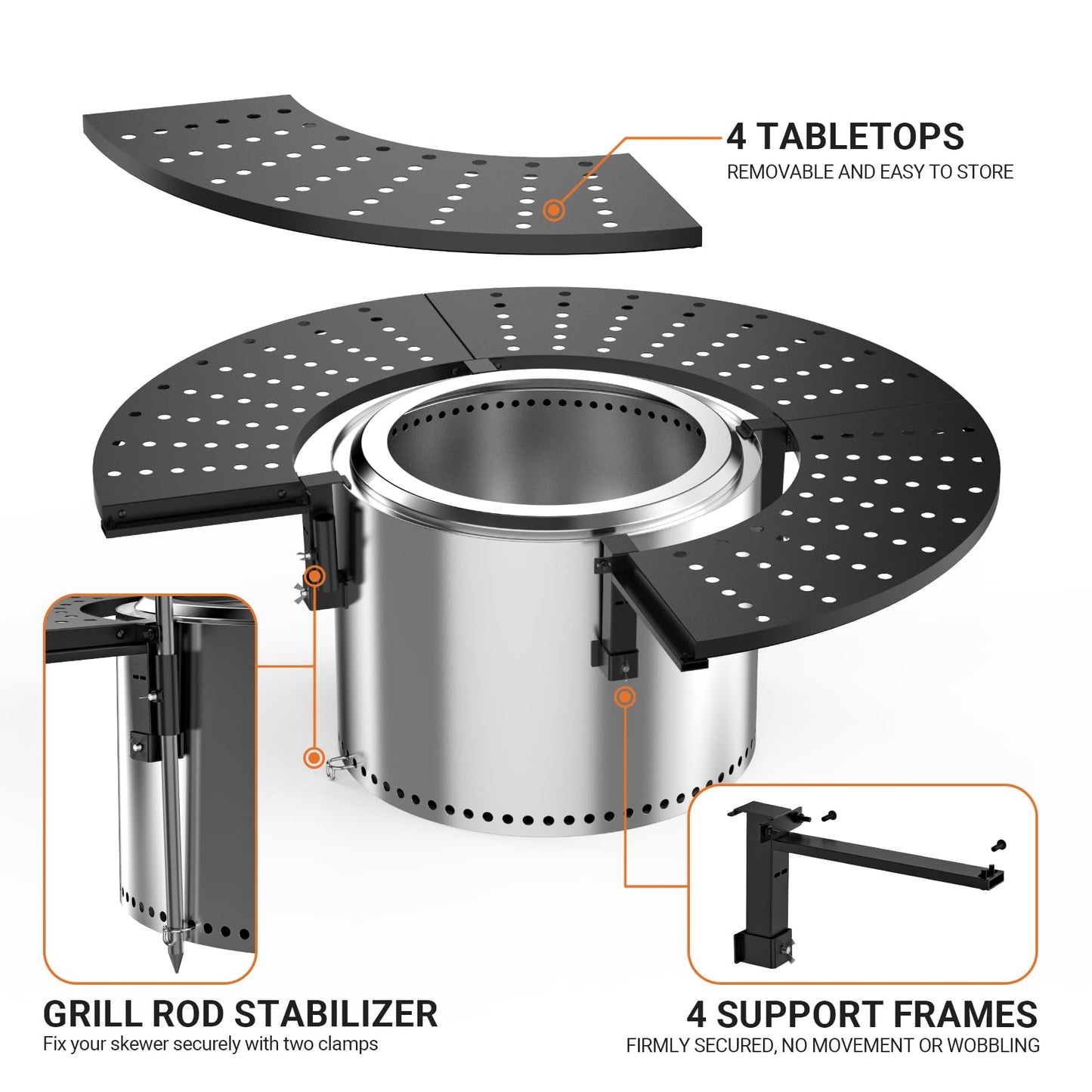 onlyfire Direct Mount Tabletop for Solo Stove Bonfire 19.5 inch Fire Pit, 40 inch Round Heat-Resistant Surround Tray, 4-Piece Modular Patio Snack Table for Drinks & Food, Solo Stove Accessories