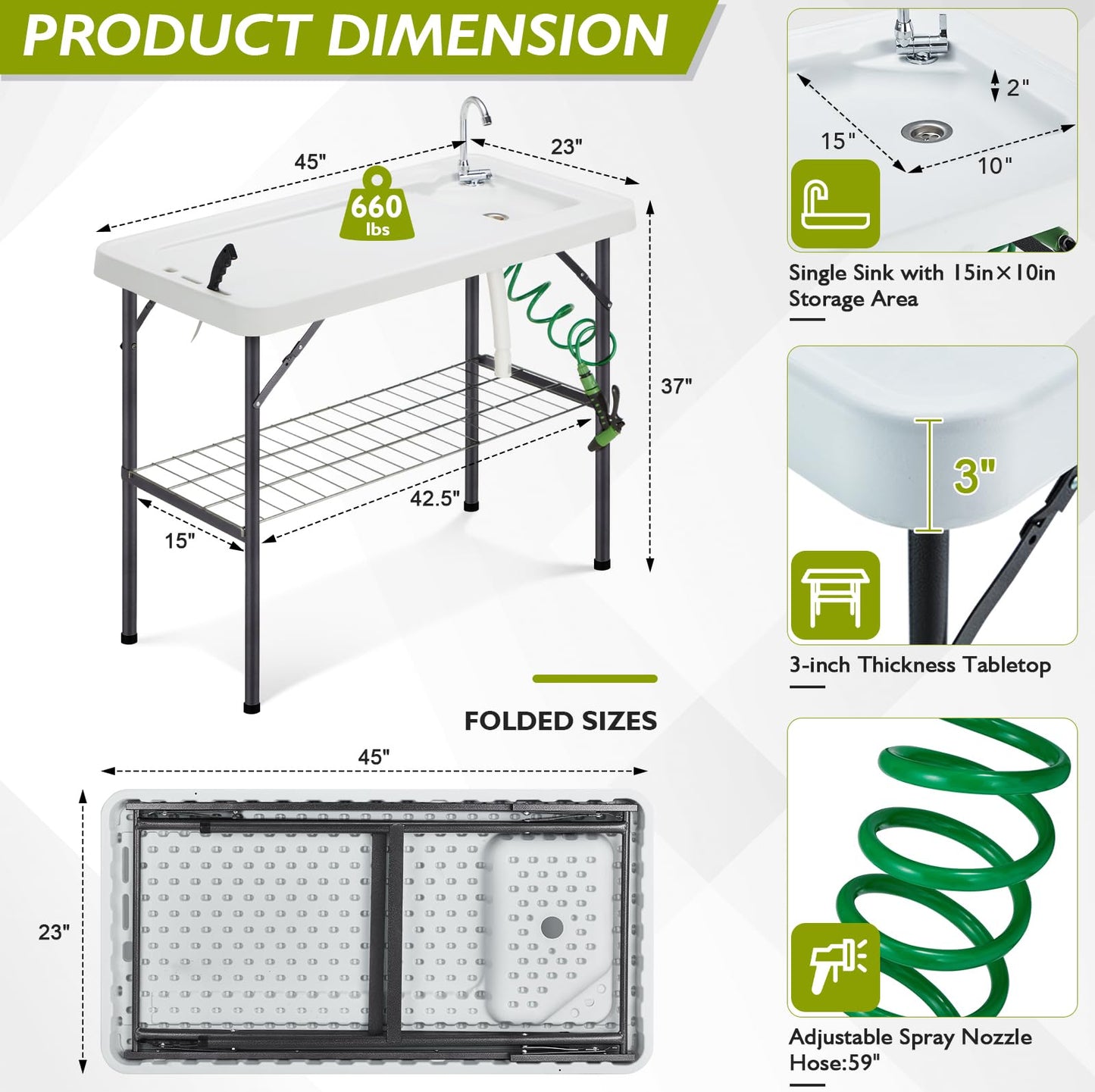Avocahom Folding Fish Cleaning Table Portable Camping Sink with Faucet Drainage Hose & Sprayer Outdoor Fillet Station Grid Rack Knife Groove for Picnic Fishing, Black