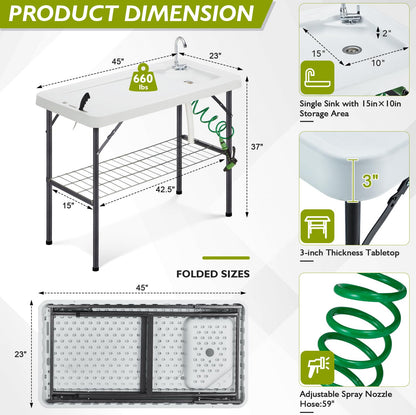 Avocahom Folding Fish Cleaning Table Portable Camping Sink with Faucet Drainage Hose & Sprayer Outdoor Fillet Station Grid Rack Knife Groove for Picnic Fishing, Black