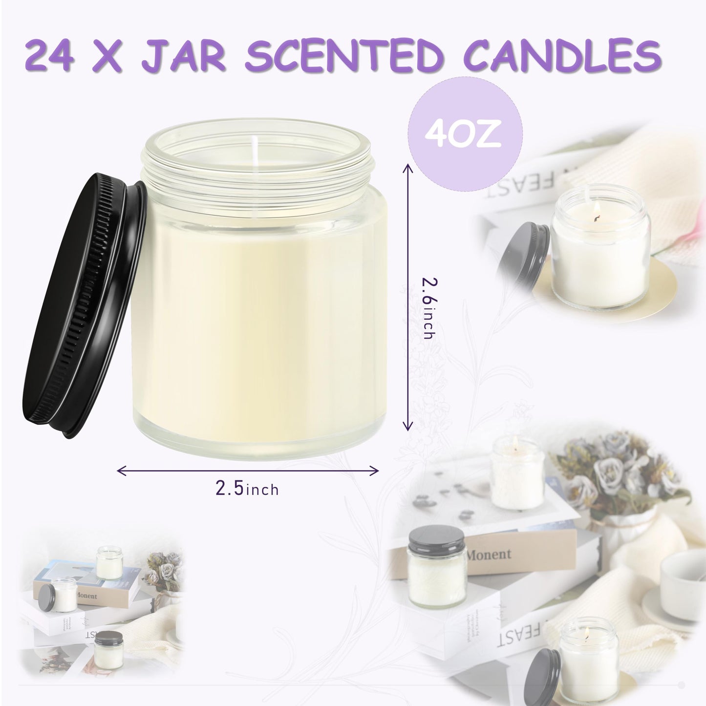 ACITHGL 24 Pcs 4oz Mini Mason Jar Candles Small Lavender Scented Candles Bulk Aromatherapy Ideal Souvenir Favors for Wedding Birthday Party (Black, 24)