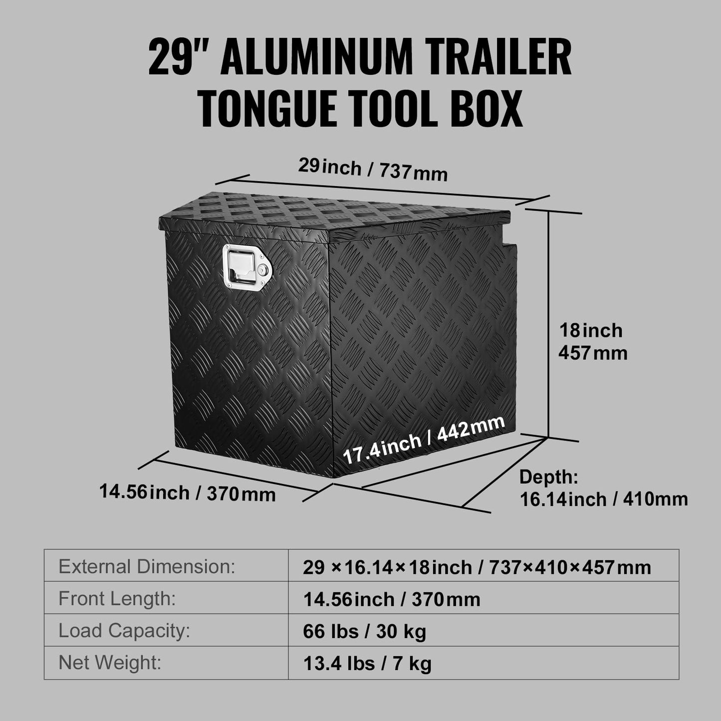 VEVOR Trailer Tongue Box, Heavy Duty Trailer Tongue Tool Box Storage Organizer with Lock & Keys, Utility Tool Chest for Pickup Truck Bed, RV, SUV, Off-Road Vehicle, Aluminum, 29" x 16.2" x 18", Black
