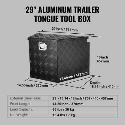 VEVOR Trailer Tongue Box, Heavy Duty Trailer Tongue Tool Box Storage Organizer with Lock & Keys, Utility Tool Chest for Pickup Truck Bed, RV, SUV, Off-Road Vehicle, Aluminum, 29" x 16.2" x 18", Black