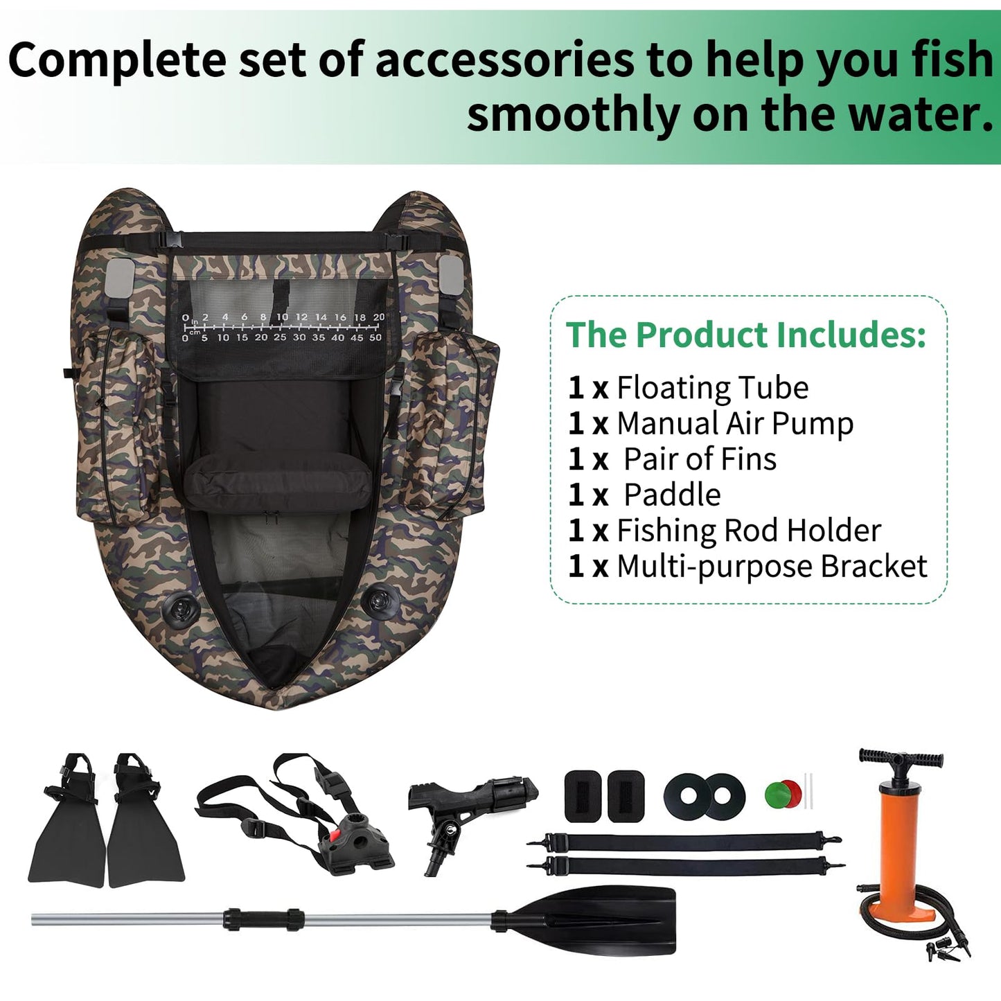 UNITACKLE Inflatable Float Tube, with Paddles, Fish Ruler, Air Pump, Storage Bag, Adjustable Shoulder Straps, Weight Capacity of 286 lbs, for Adults Fishing in Rivers and Lakes, Camo Military Green