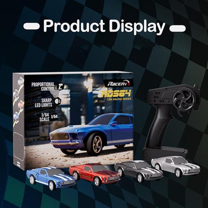 1/64 Scale Drift RC Car2.4Ghz Mini Sports CarEquipped with LED Lights and Mustang Retro Cars with Built-in GyroscopeProfessional Rear Wheel Drive30 Minute Driving Time (Blue)