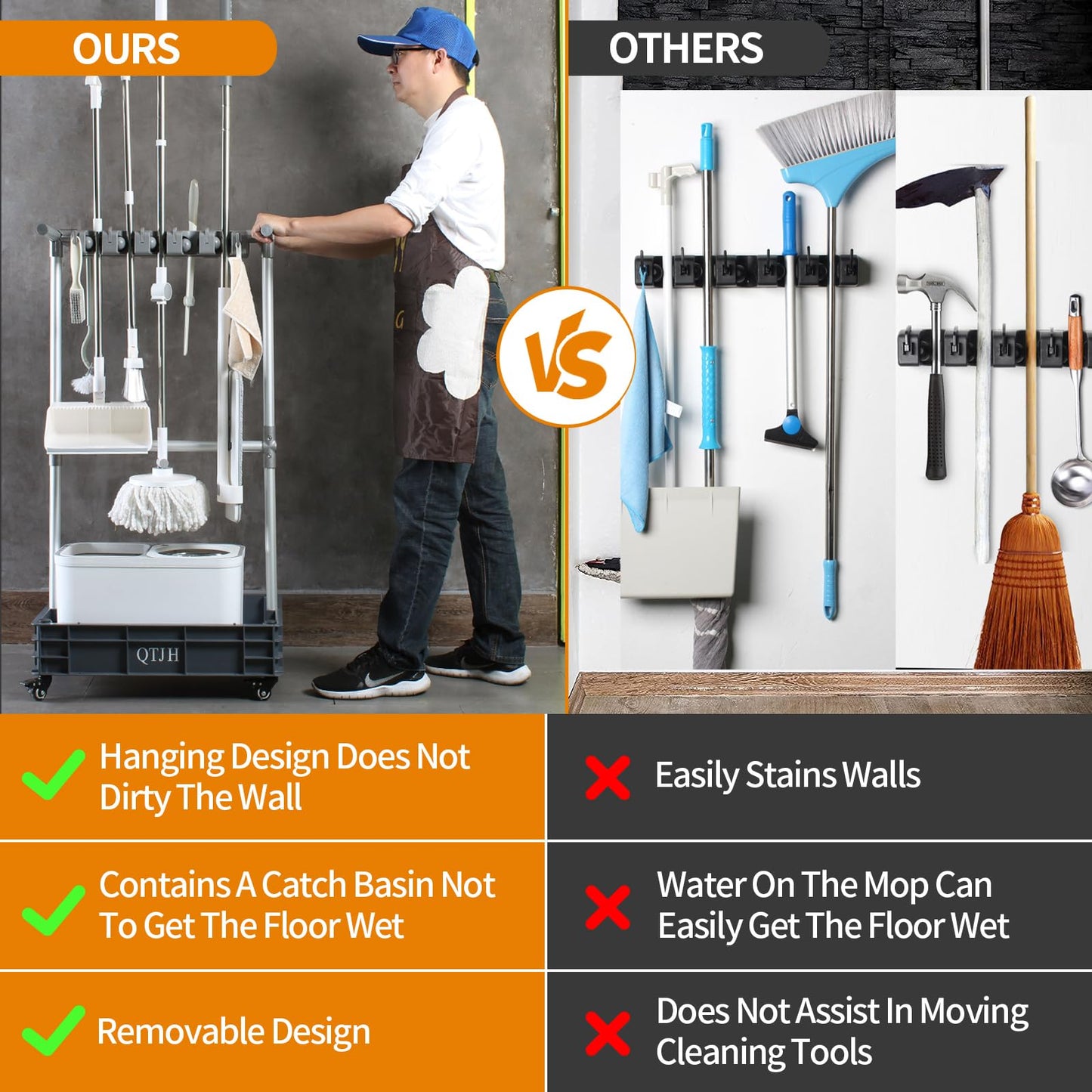 QTJH Broom mop holder cleaning supplies organizer janitorial carts on wheels housekeeping station storage tools for garage, garden, closet, cabinet.