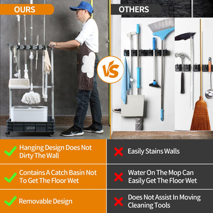 QTJH Broom mop holder cleaning supplies organizer janitorial carts on wheels housekeeping station storage tools for garage, garden, closet, cabinet.