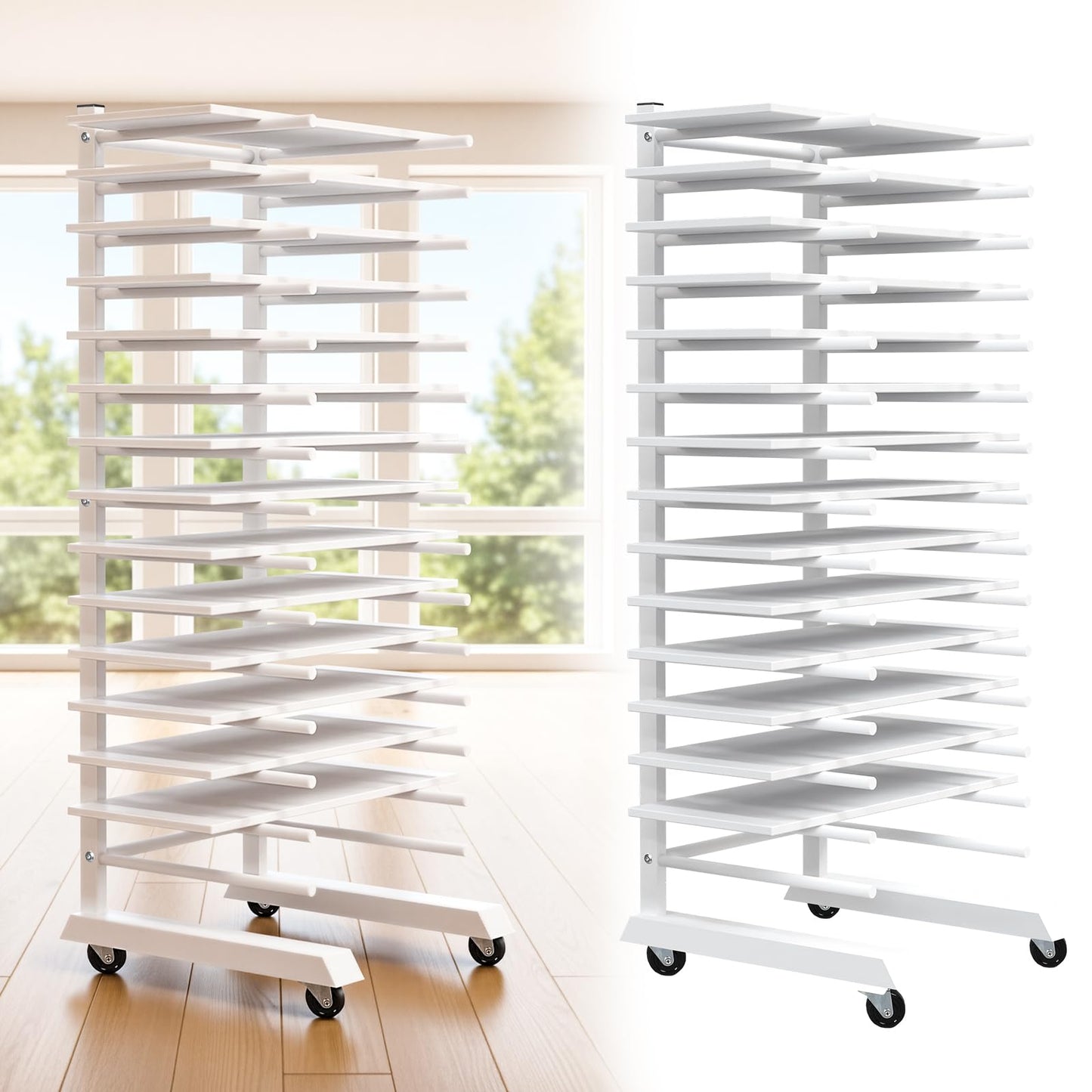 Colingmill 1 Pack 15 Tier Cabinet Doors Paint Drying Rack with Casters 16 in Rods 20 in Base White Powder Coated 15lbs/Shelf Iron Detachable Crossbars Space Saving for Painted Wood Panels Doors
