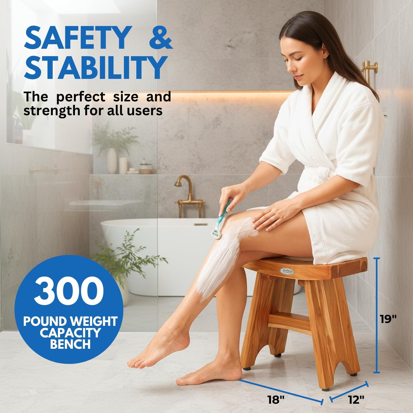 EcoDecors Teak Shower Bench 18", 300 lb Capacity – Waterproof Teak Bath Seat for Adults - Compact Spa Stool for Small Bathrooms & Walk-in Showers with Slip-Resistant Feet
