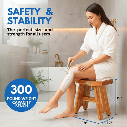 EcoDecors Teak Shower Bench 18", 300 lb Capacity – Waterproof Teak Bath Seat for Adults - Compact Spa Stool for Small Bathrooms & Walk-in Showers with Slip-Resistant Feet