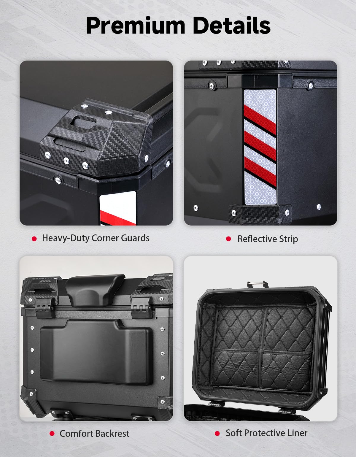 KEMIMOTO Motorcycle Top Case 56L, Universal Aluminum Alloy Motorbike Tail Box with Leather Lining, Waterproof Detachable Motorcycle Top Box with Lock & Back Cushion