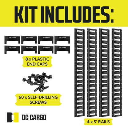 DC Cargo Mall 5' Long E Track Tie Down Rail (4 Pack) Powder Coated Steel Universal ETrack Tiedown System Kit - Easy Safe Secure Bolt on Socket System for Cargo on Pickups, Trucks, Trailer Tie, Vans