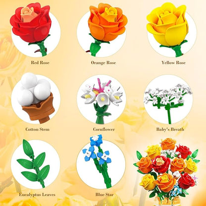 Flower Bouquet Building Set with Vase &amp LED Light Yellow Orange and Red Roses 3.6MM Mini Building Blocks Gifts for Women/Girlfriend/Wife Small Fake Flowers for Home Office Decor